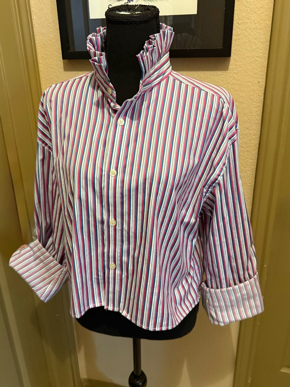 Ted Baker Striped Ruffle Collar Button-Up Shirt - Pink, Blue & White Upcycled Up